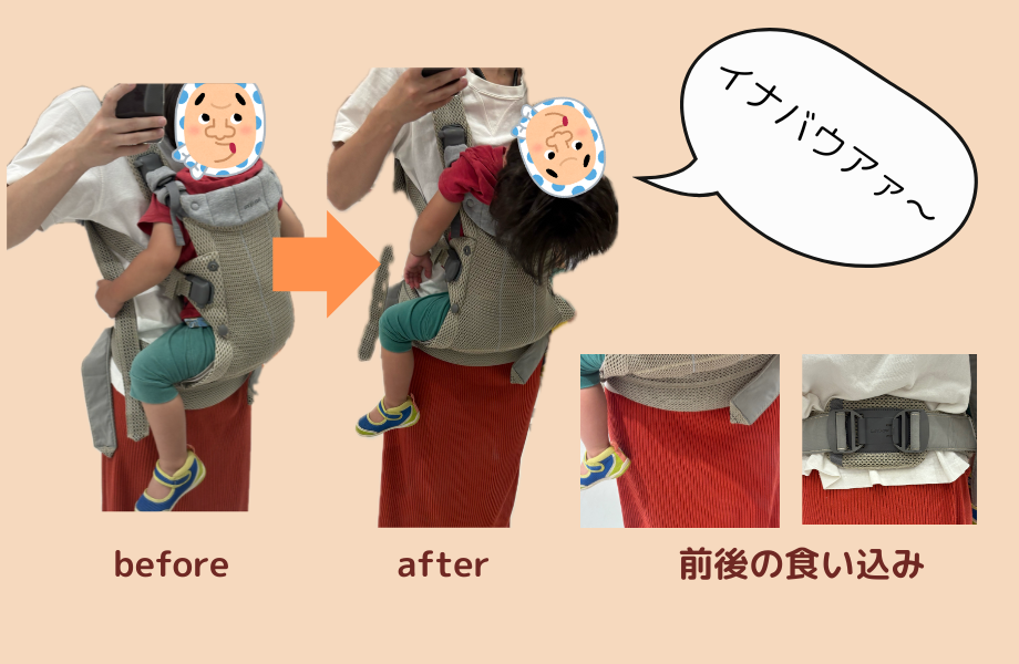 ベビービョルンで3歳児を抱っこした時の不具合点紹介画像