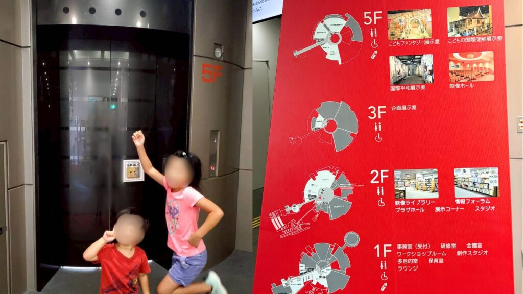 エレベーターの前で記念写真