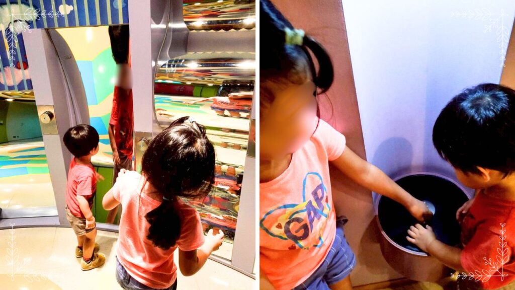 鏡の遠近法や歪みを体験する子どもの画像