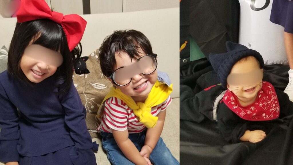 手作り３兄妹の魔女の宅急便、キキ・ジジ・トンボのアイディア衣装の画像