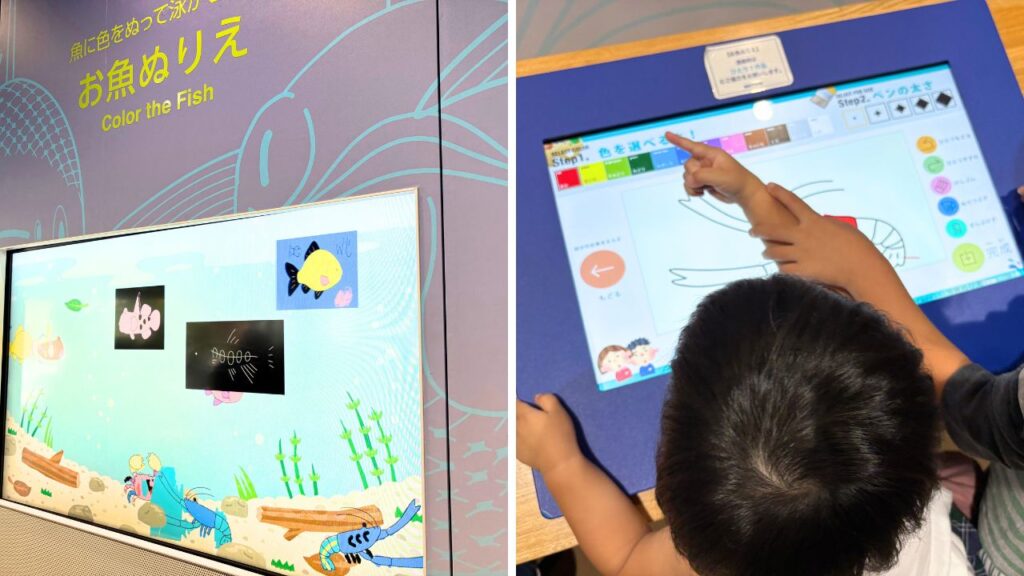 お魚ぬりえでザリガニを必死に塗る子供の画像