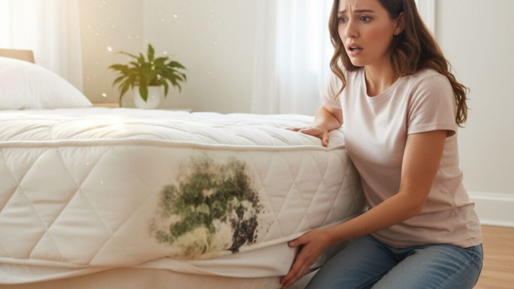 マットレスがカビてしまって驚く女性の画像